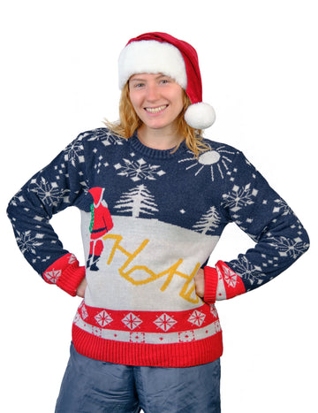 Pull de Noël avec Père Noël pour adulte bleu blanc et rouge avec motif humoristique