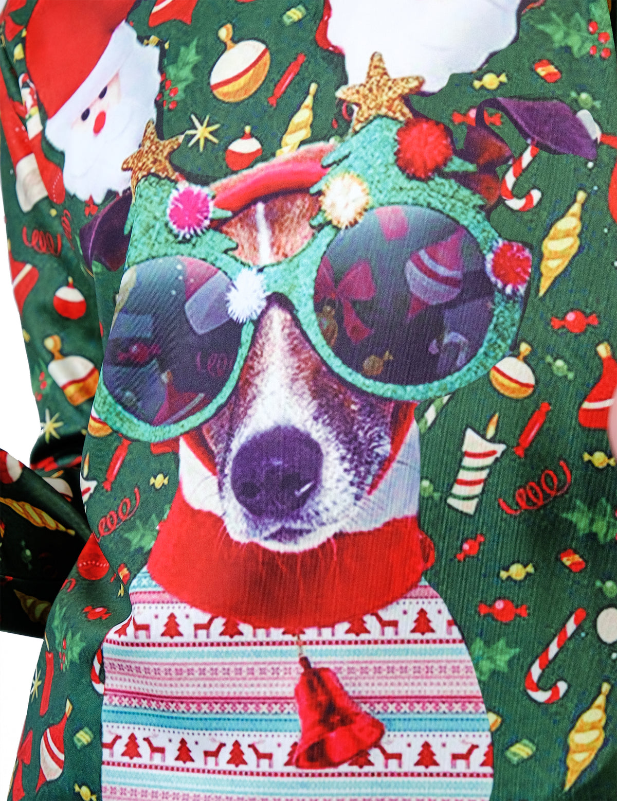 Détail de l'imprimé du Pull de Noël imprimé chien pour adulte