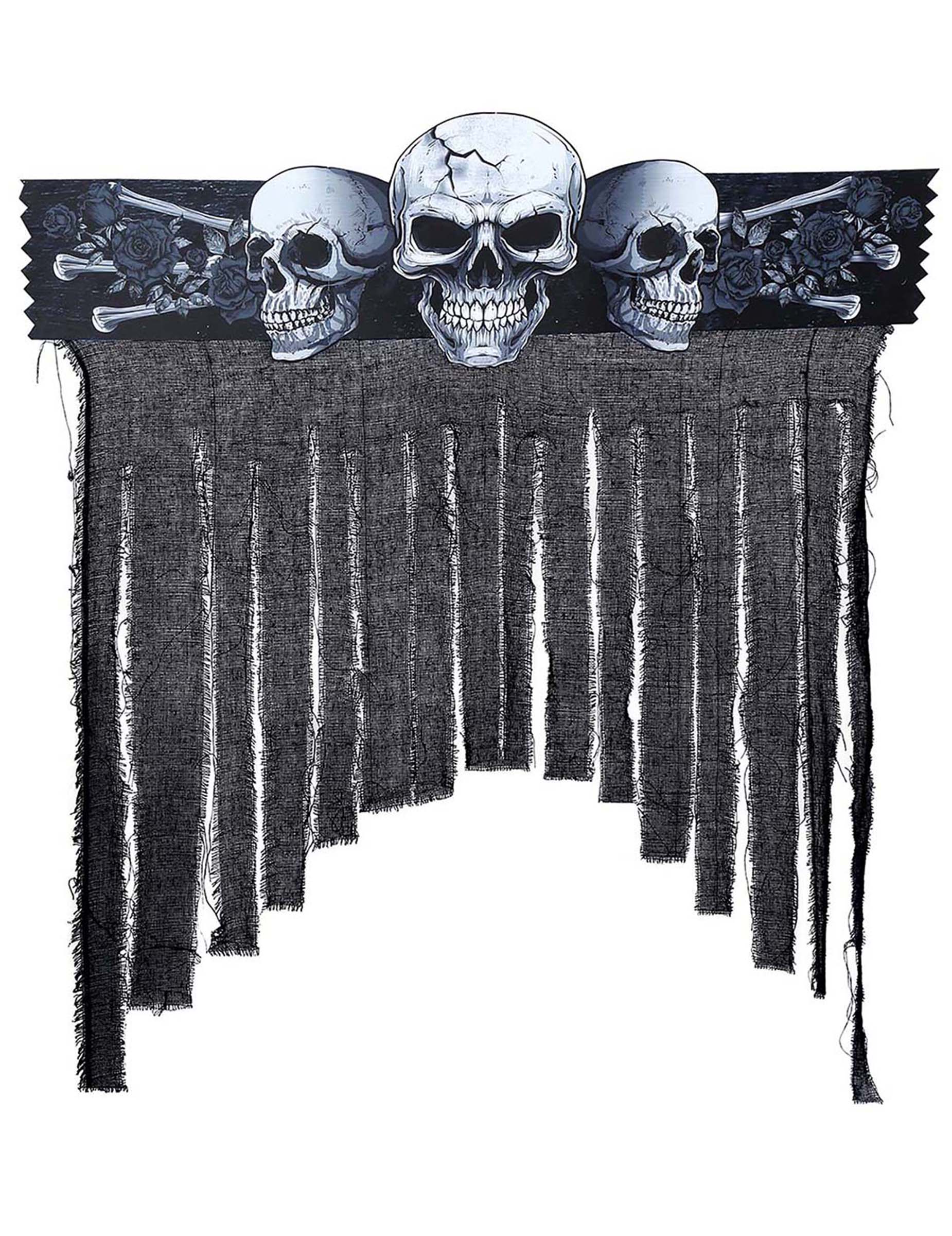 Rideau de porte tête de mort pour Halloween noir à lambeaux avec trois crânes