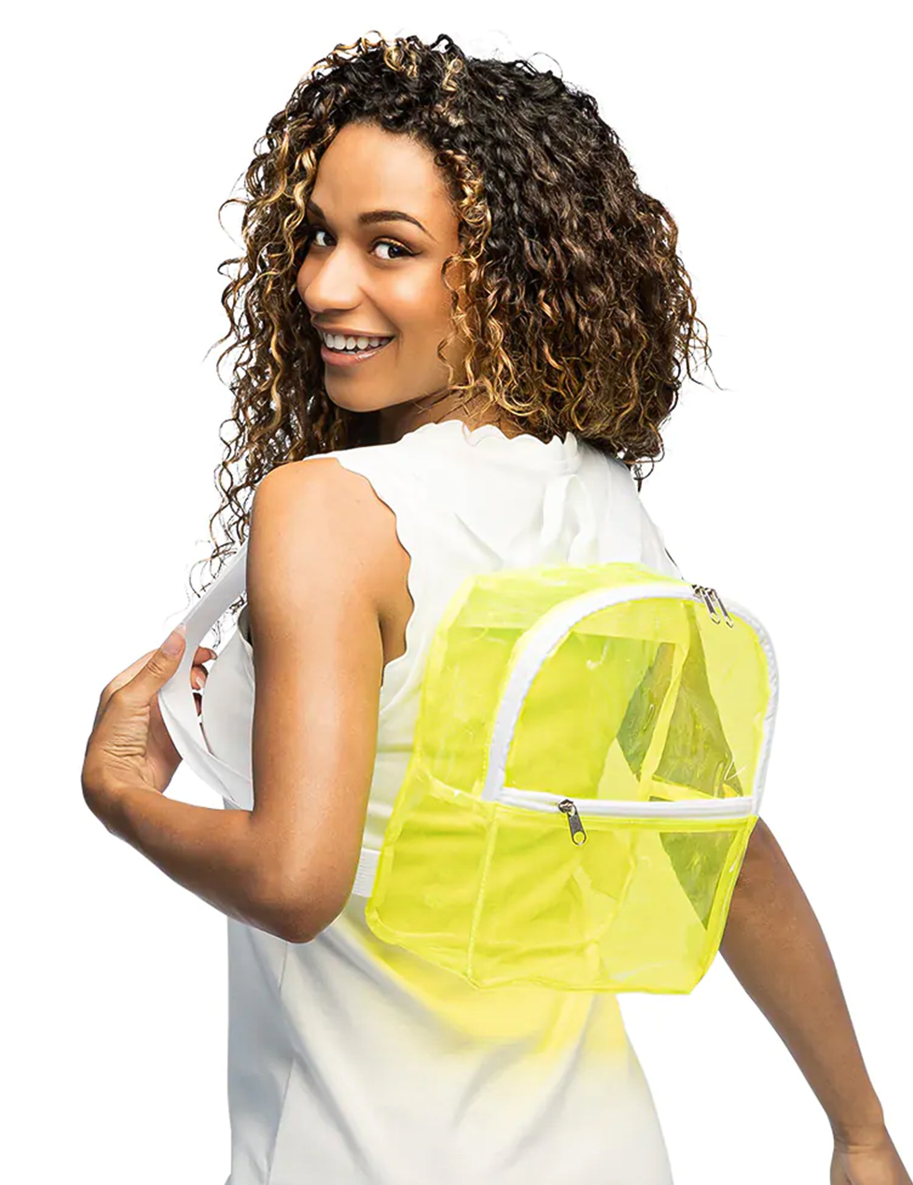 Vue de dos du sac à dos transparent pour adulte jaune fluo