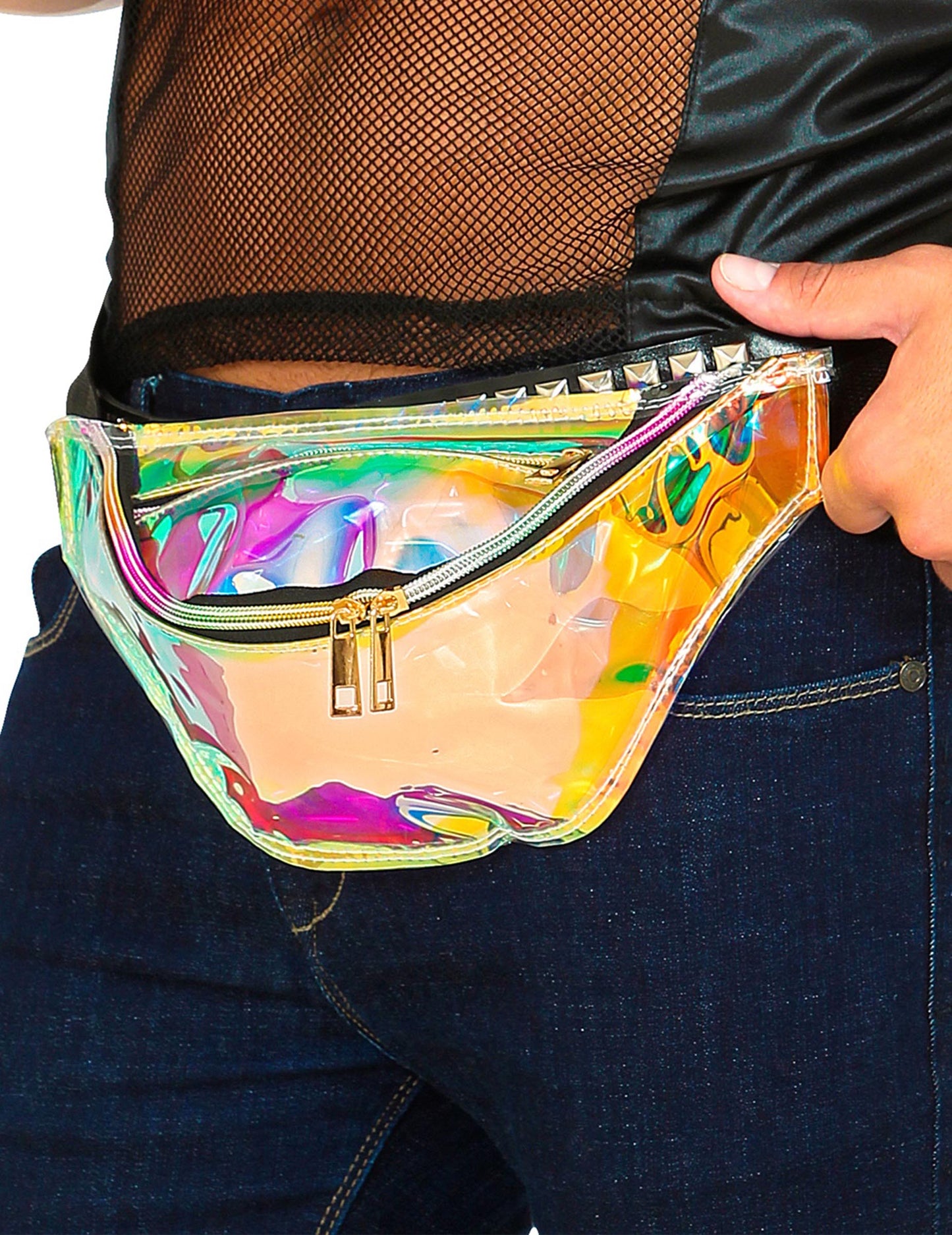 Gros plan du sac banane holographique années 80