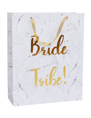 Подаръчна торбичка Bride Tribe за моминско парти с бял и златен мраморен дизайн