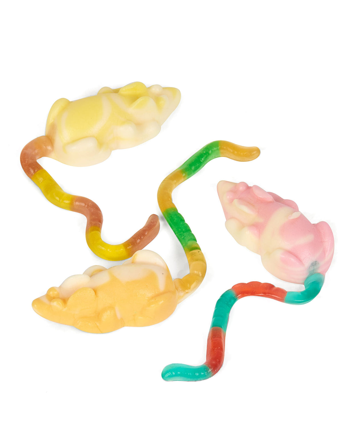 Détail des gommes multicolores du sachet de bonbons souris