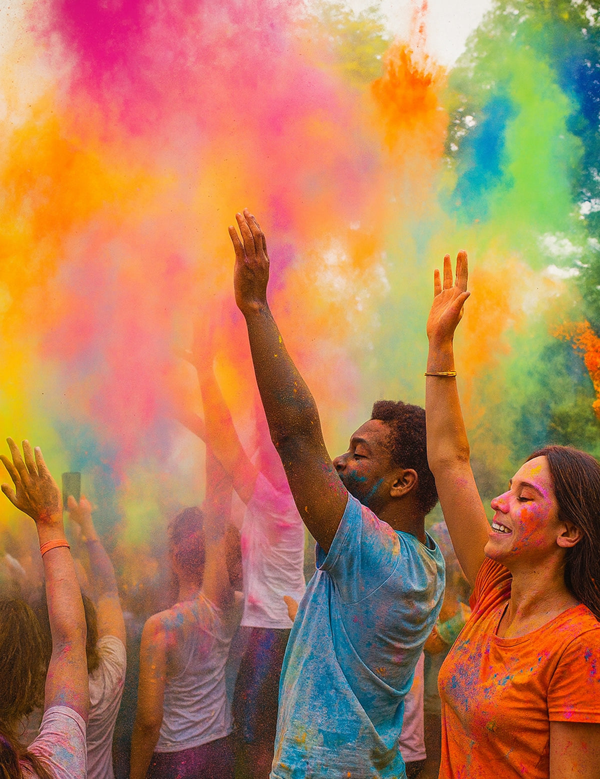 Mise en situation lors d'un festival du sachet de poudre effet Holi