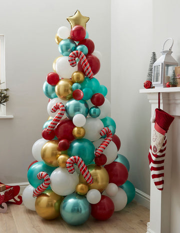 Коледна елха, изработена от червени, зелени и златни балони с бонбонени пръчици 180 cm