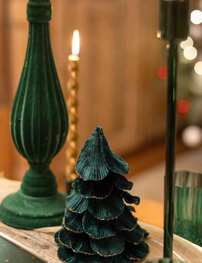 Sapin de Noël velours vert foncé et or 12 x 16 cm