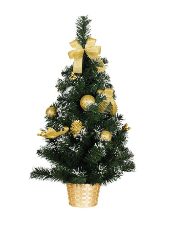 Коледна елха на стойка със златни декорации 60 cm изкуствен сняг