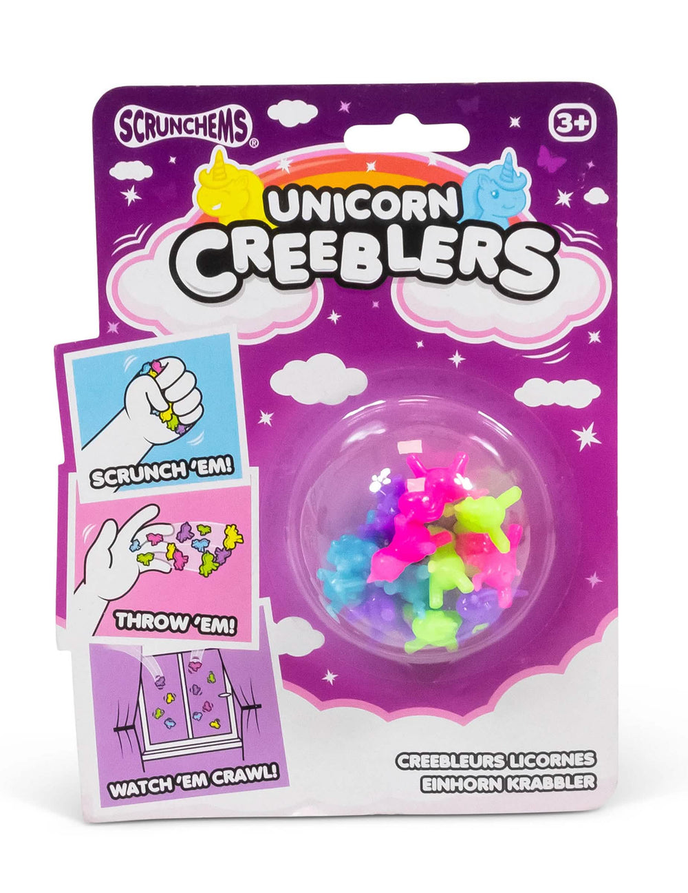 Изглед отпред на опаковката на прилепващите играчки еднорози Creeblers