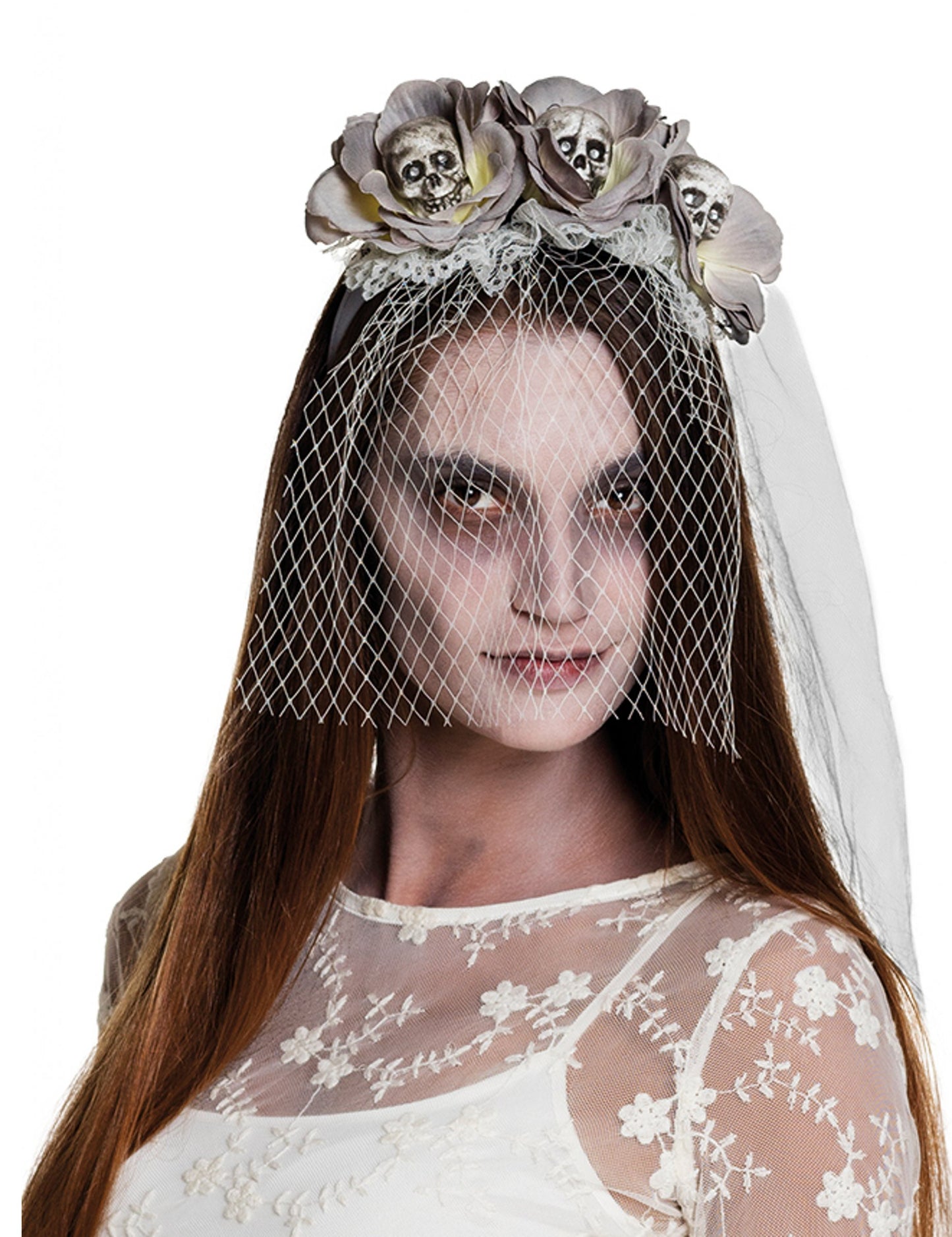 Serre-tête avec voile zombie pour femme blanc avec fleurs et têtes de mort