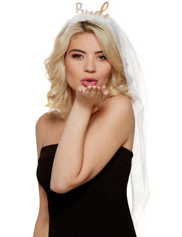 Диадема с воал Bride за моминско парти за жена, бяла и златиста с брокат