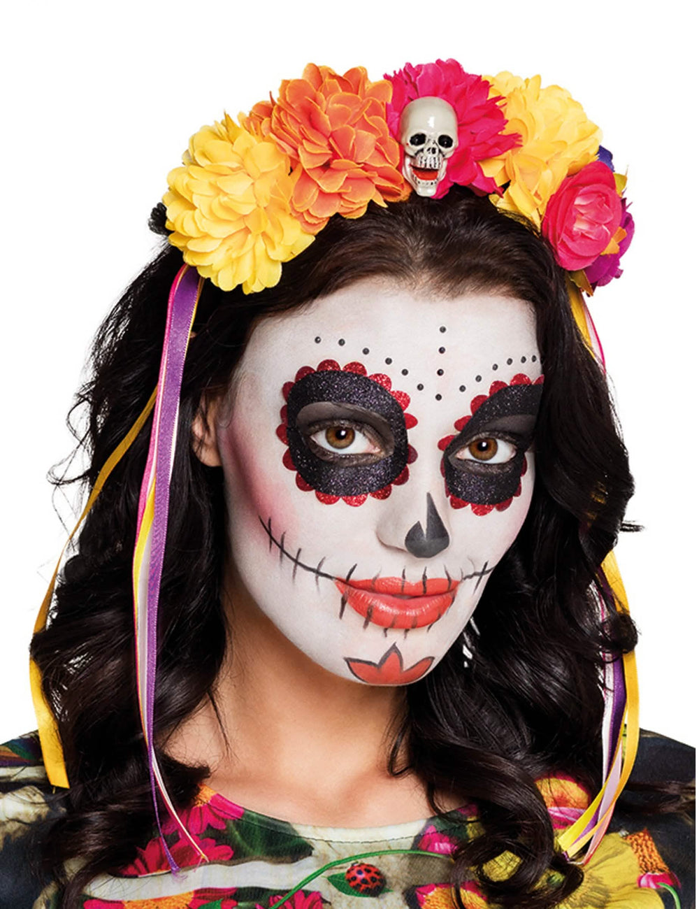 Лента за глава с големи цветя Dia de los muertos за възрастен многоцветно с череп