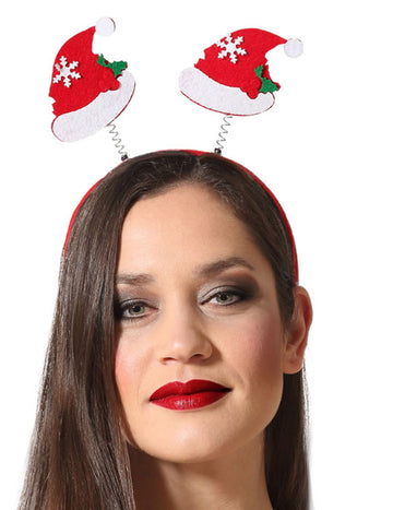 Serre-tête humoristique bonnet de Noël pour adulte rouge et blanc avec flocons sur ressorts