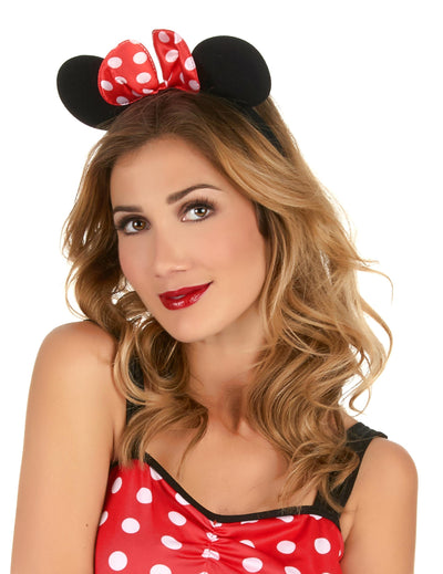 Serre-tête oreilles de souris avec noeud à pois pour femme rouge et blanc