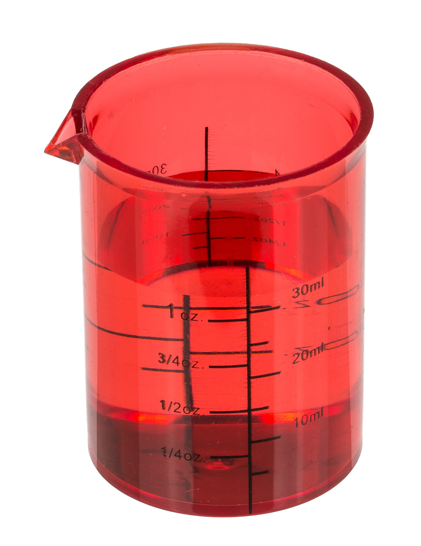 Détail du verre rouge gradué du set de 4 verres shooters chimiste
