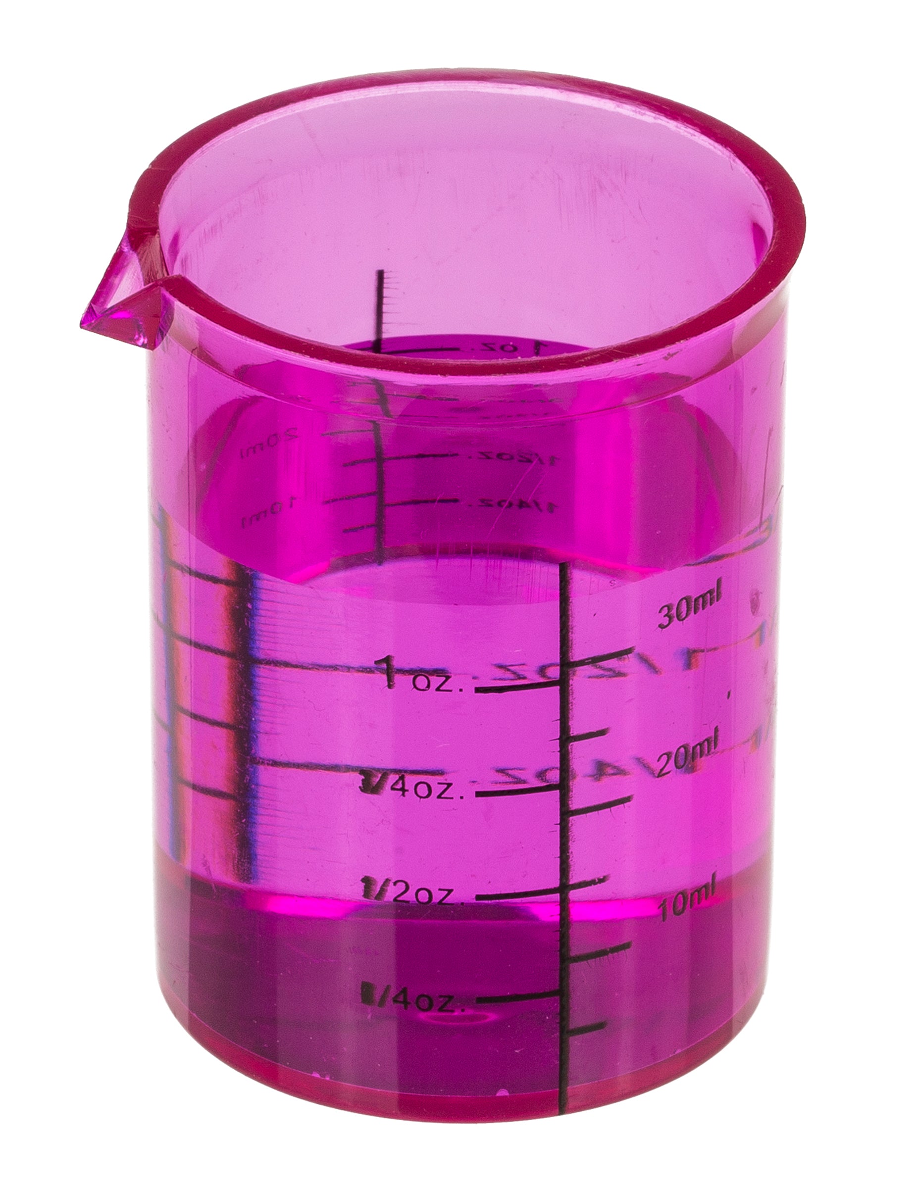 Détail du verre rose gradué du set de 4 verres shooters chimiste