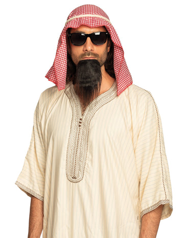 Set accessoires cheikh arabe pour adulte avec coiffe rouge et blanc et barbichette noire