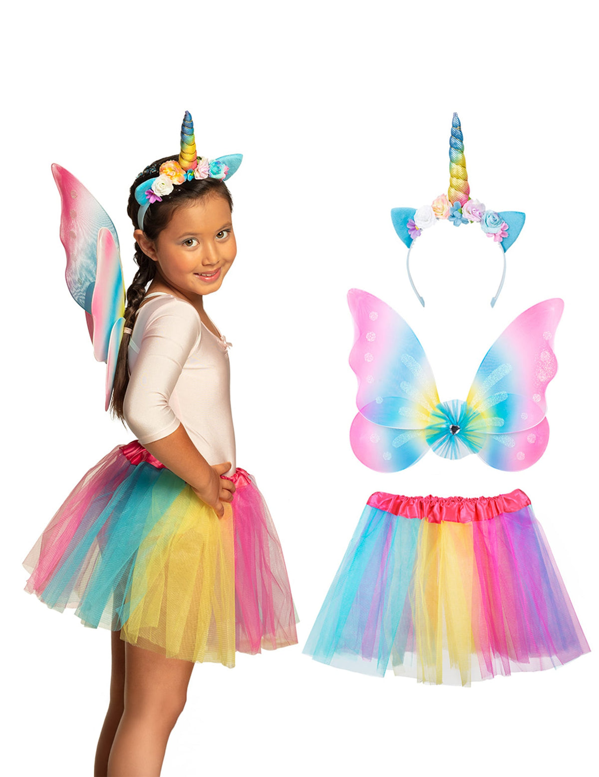 Vue d'ensemble et vue portée du set accessoires licorne pour fille