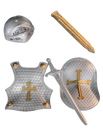 Set de chevalier pour enfant argenté avec plastron casque bouclier et épée