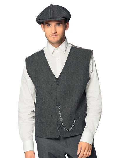 Set déguisement années 20 pour homme gris avec gilet à chevrons et casquette