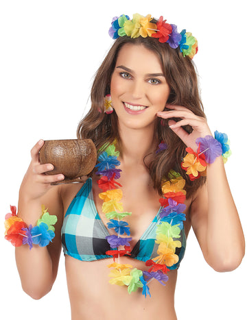 Set Hawaï pour femme multicolore avec collier et couronne de fleurs