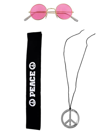 Set d'accessoires hippie pour adulte avec lunettes roses, bandeau noir et collier argenté