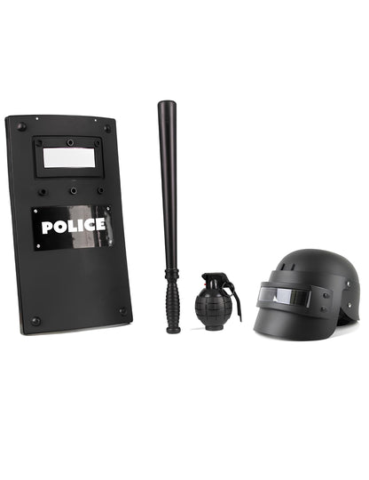 Détail du bouclier, de la matraque, de la grenade et du casque du set policier 4 pièces