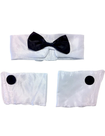 Set strip-teaser pour homme blanc et noir avec nœud papillon et manchettes