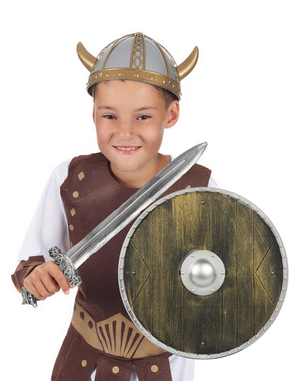 Détail du casque et des accessoires du set viking pour enfant