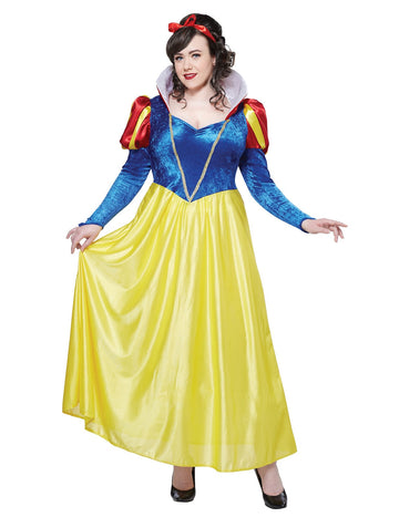 Costume Blanche Neige pour femme jaune et bleu avec serre-tête rouge