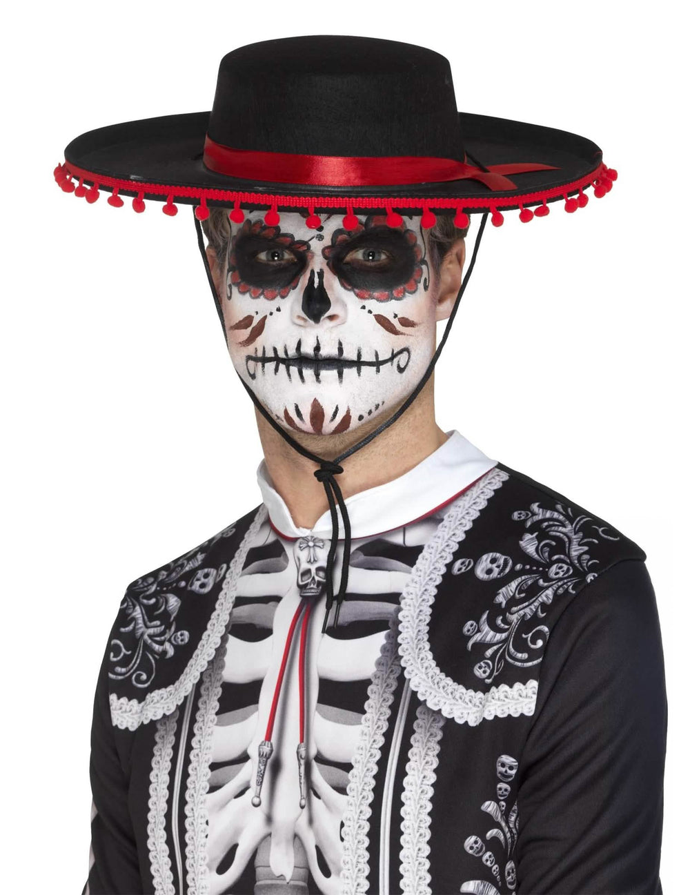 Черно сомбреро Dia de los Muertos за възрастен с червена панделка и червени помпони