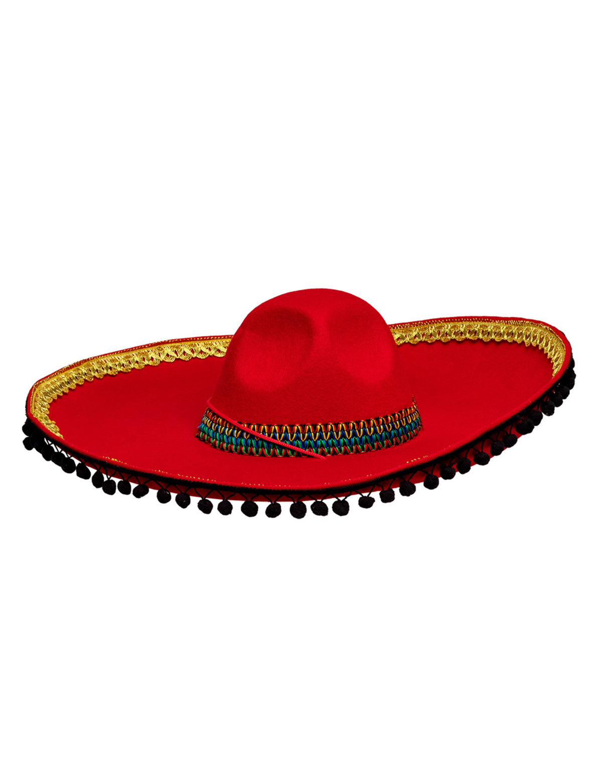 Vue de face du sombrero mexicain pour adulte rouge à pompons deluxe