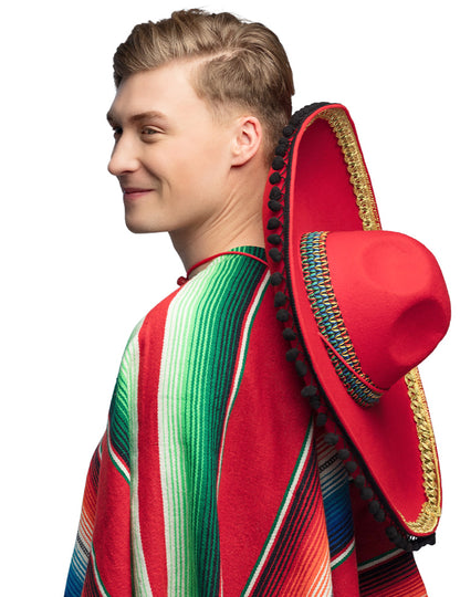 Vue de dos du sombrero mexicain pour adulte rouge à pompons deluxe