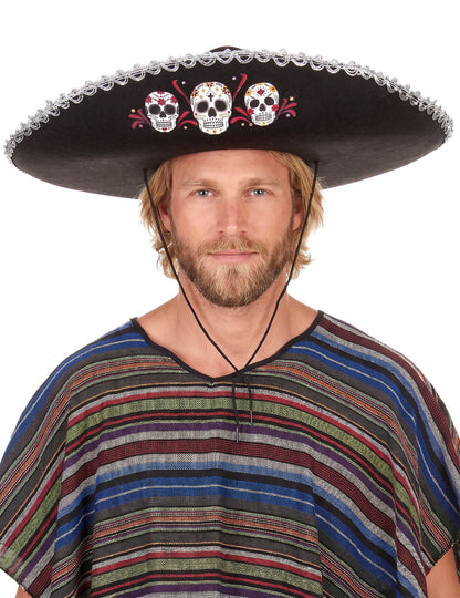 Sombrero noir Dia de Los Muertos finitions argentées adulte