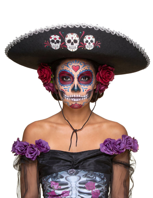 Черно сомбреро Dia de los Muertos възрастни сребърни облицовки