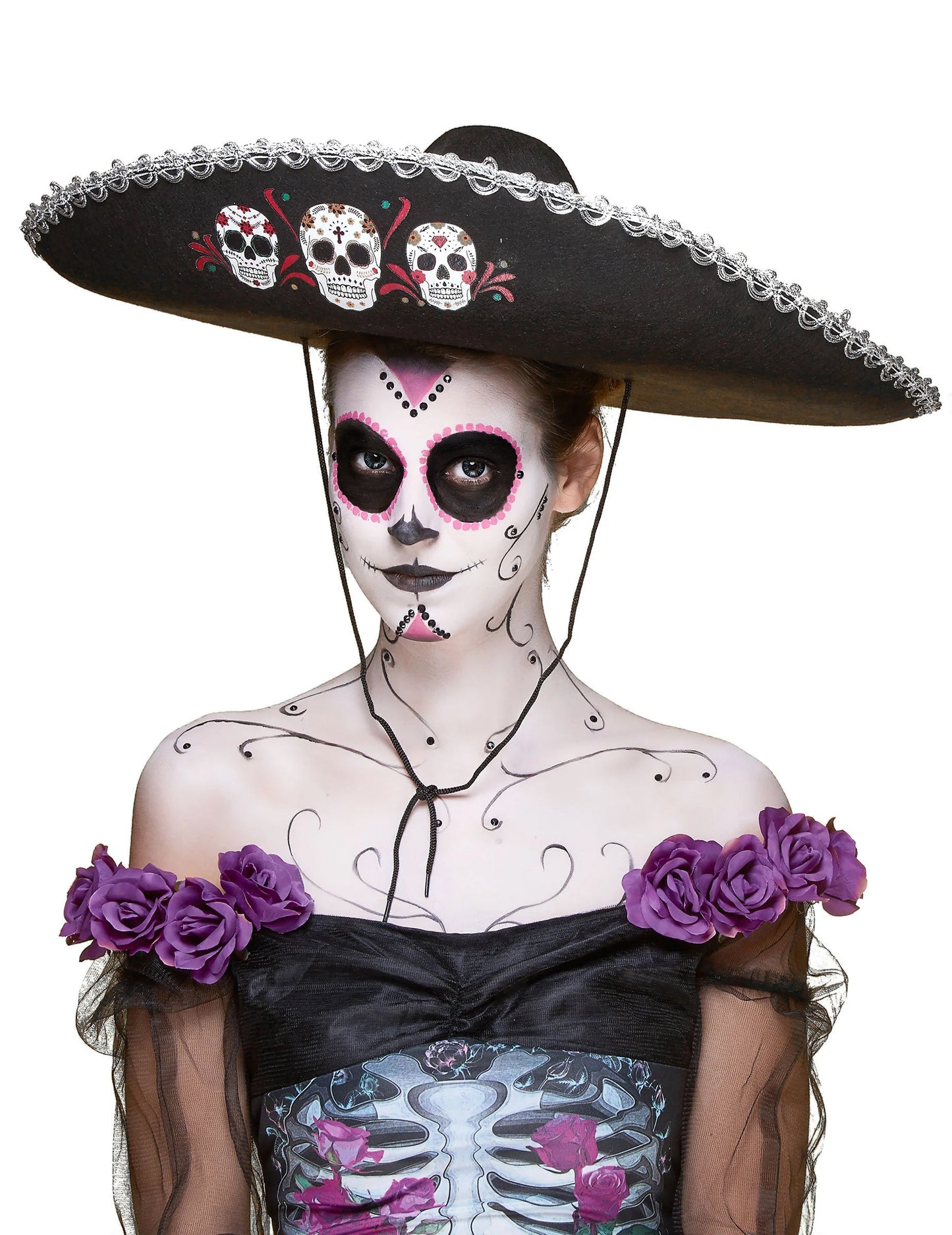 Черно сомбреро Dia de los Muertos възрастни сребърни облицовки
