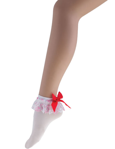 Socquettes pour femme blanches avec noeud rouge et dentelle