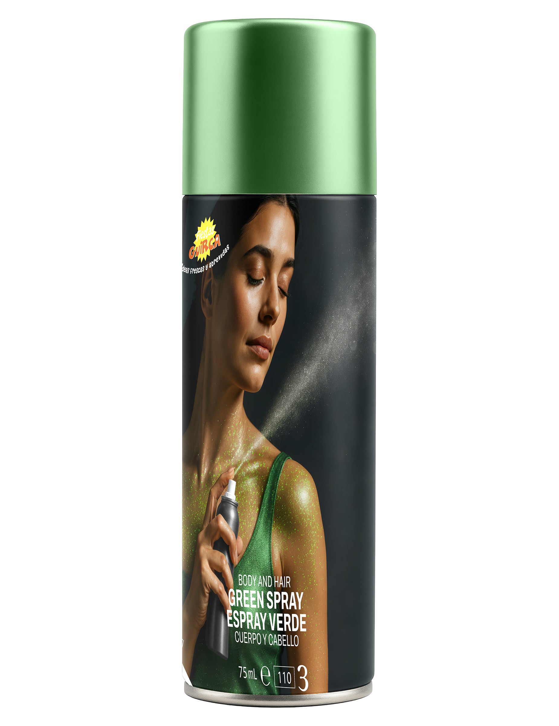 Vue d'ensemble du flacon du spray à paillettes pour le corps pour adulte vert