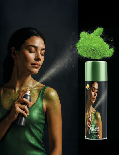 Mise en situation de l'application du spray à paillettes pour le corps pour adulte vert