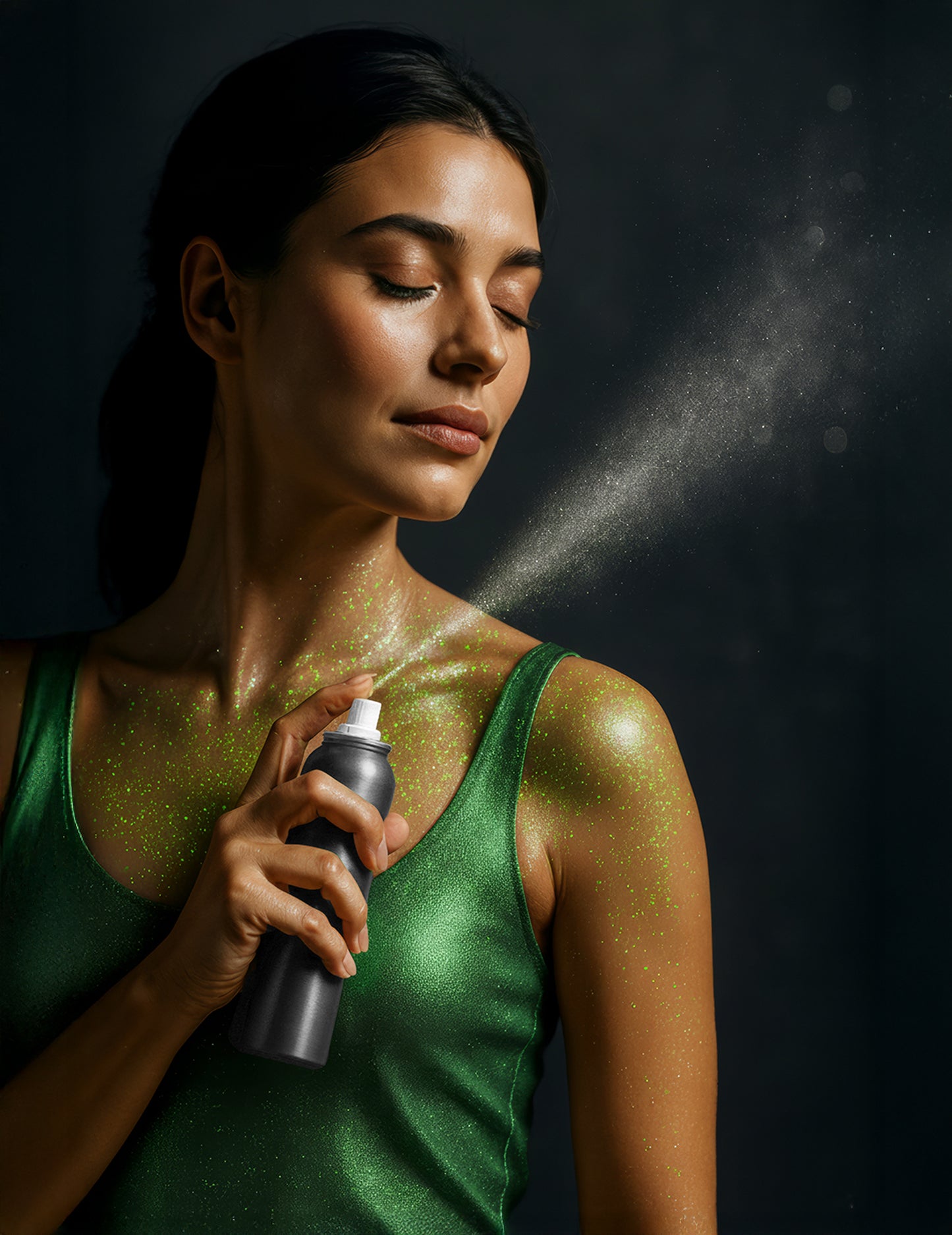 Détail du rendu scintillant sur la peau du spray à paillettes pour le corps pour adulte vert