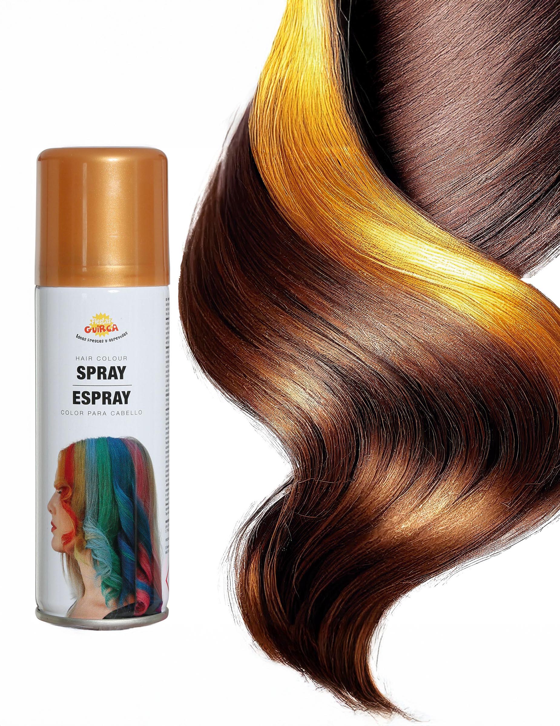 Детайл на златния цвят върху кичур от спрея за коса