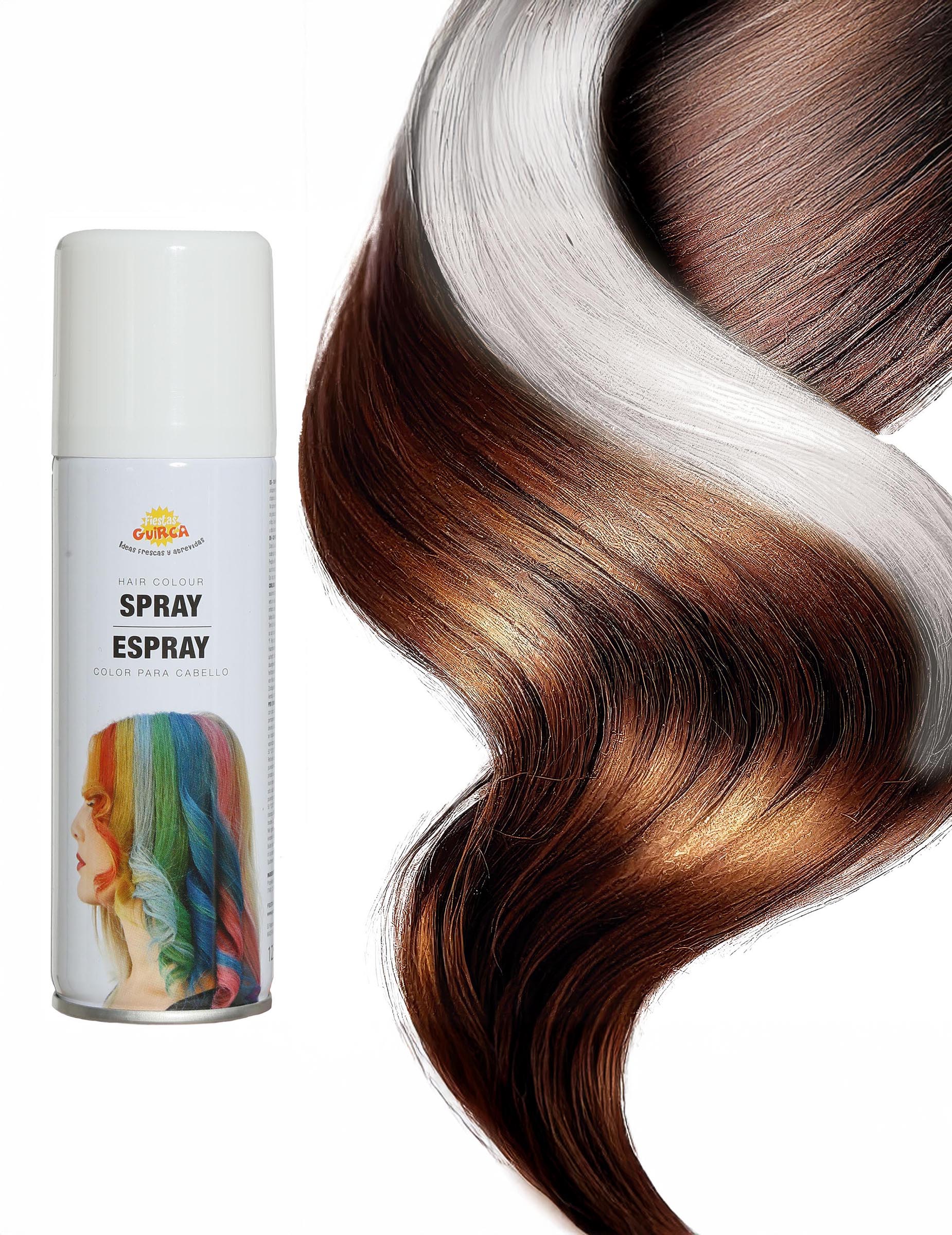 Детайл на белия цвят върху кичур от спрея за коса