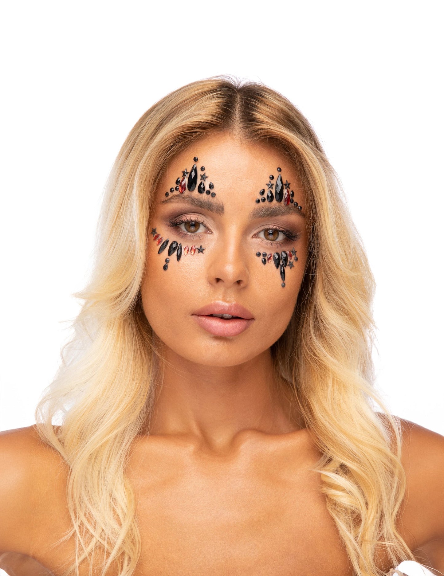Strass adhésifs pour visage arlequine du mal pour femme noir et rouge