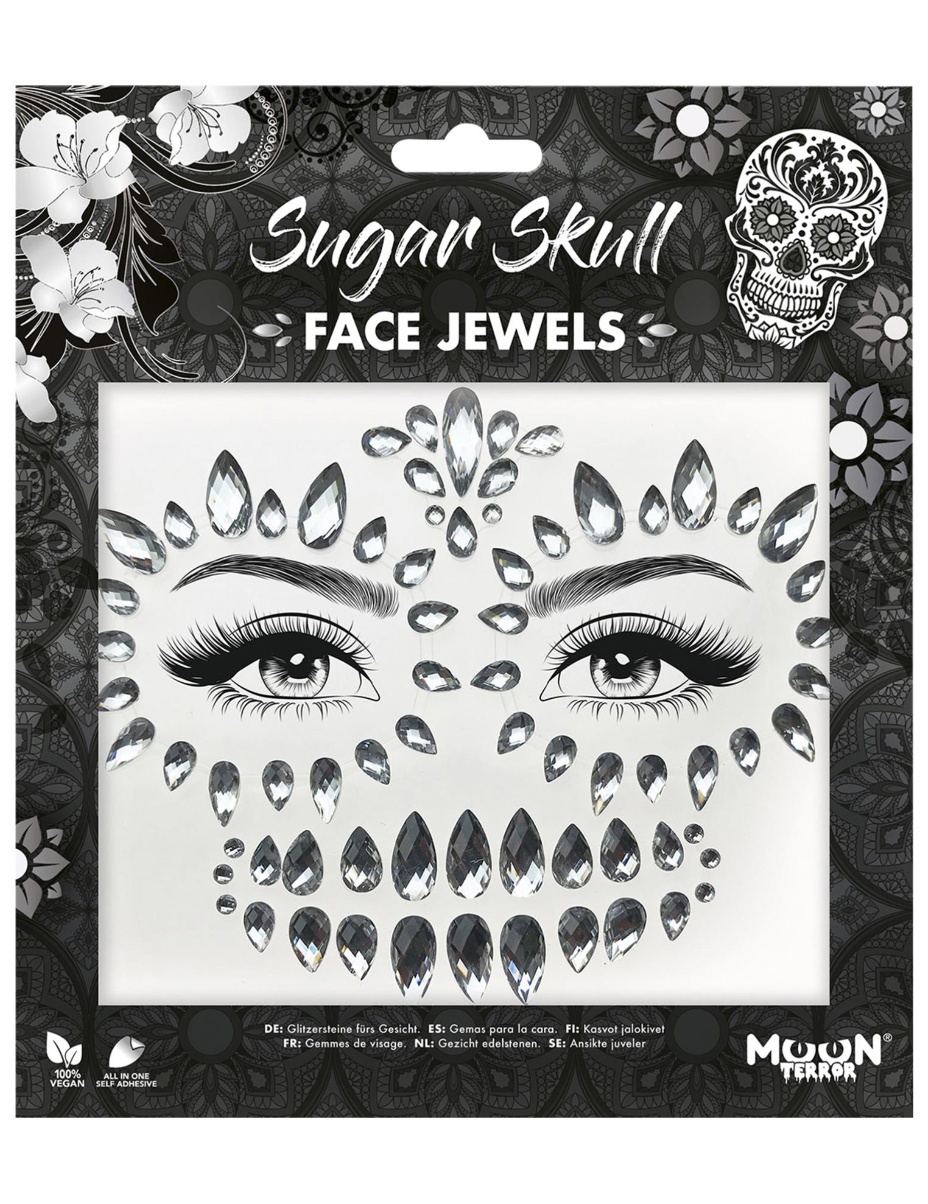 Détail de l'emballage des strass adhésifs pour visage squelette