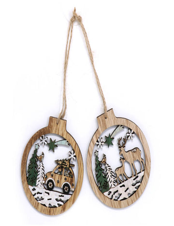 2 дървени висящи украси с декор снежна гора 10 cm 