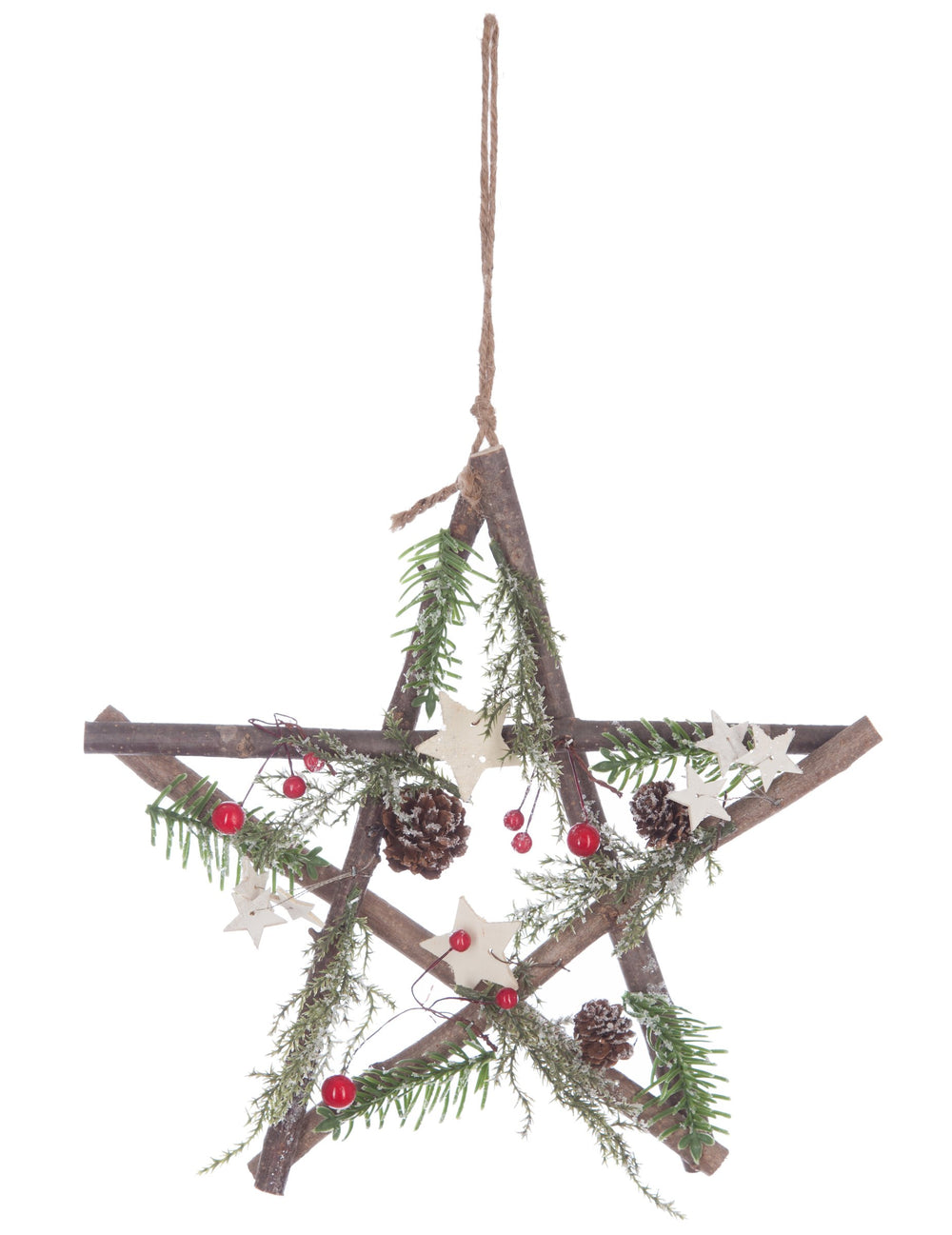 Suspension en bois étoile Noël pour décoration avec pommes de pin et baies rouges