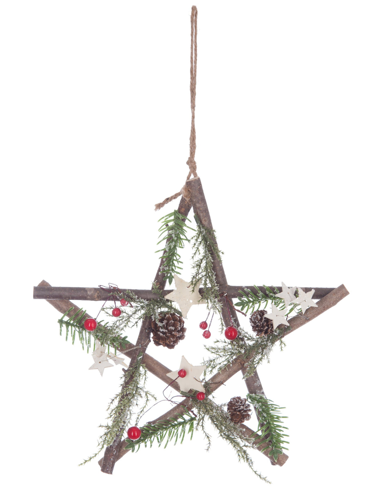 Suspension en bois étoile Noël pour décoration avec pommes de pin et baies rouges