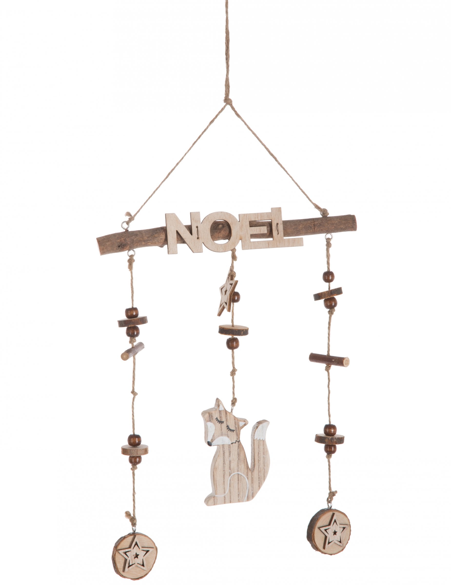 Suspension en bois Noël petit renard naturelle avec étoiles et perles