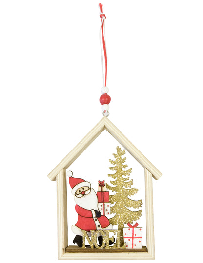 Дървен висящ Дядо Коледа в къщата му 13 x 11 x 2 cm за ела
