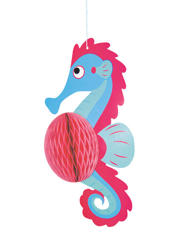 Suspension alvéolée hippocampe pour décoration anniversaire sirène bleu et rose