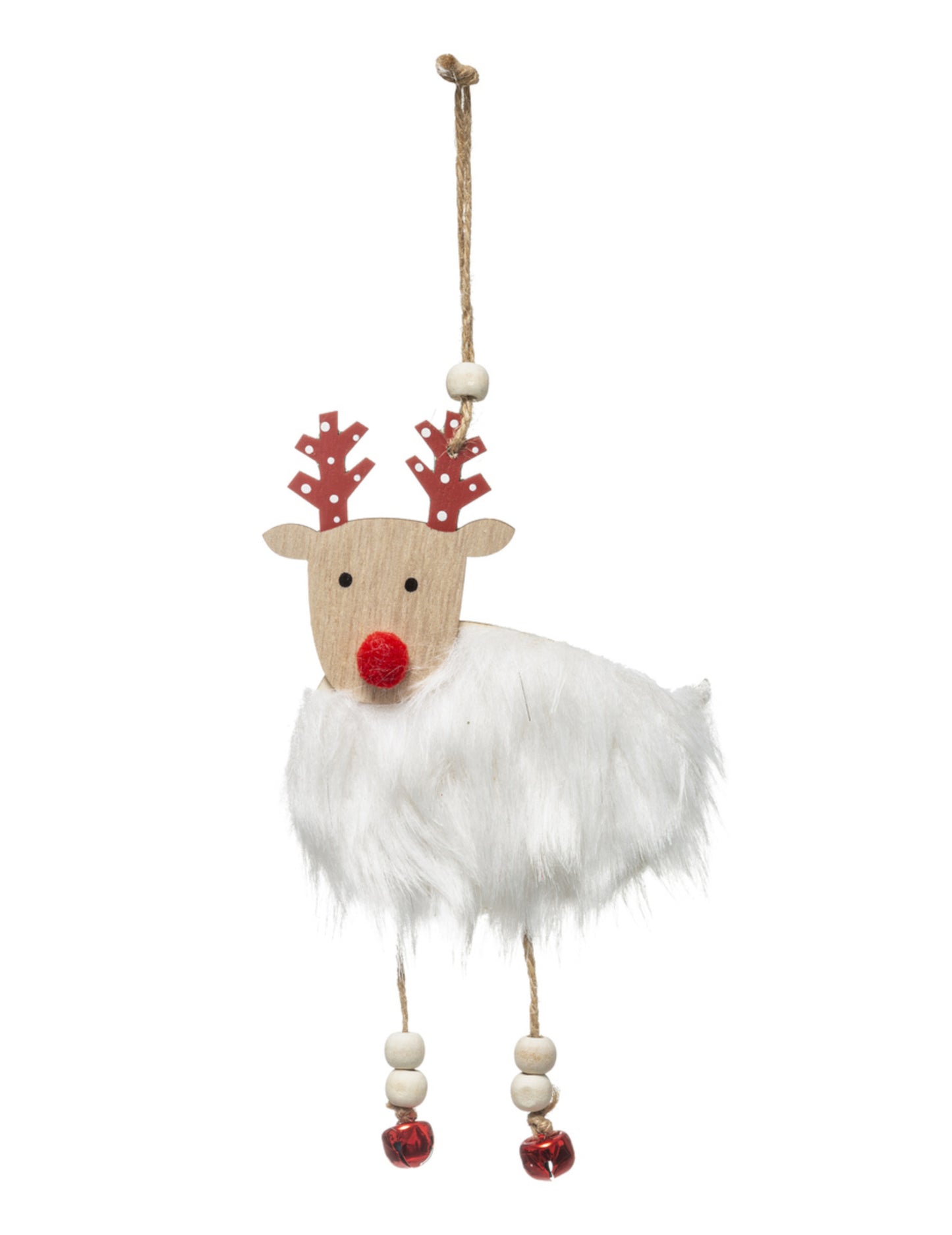 Дървена висяща украса с елени, козина и камбанки 18 cm